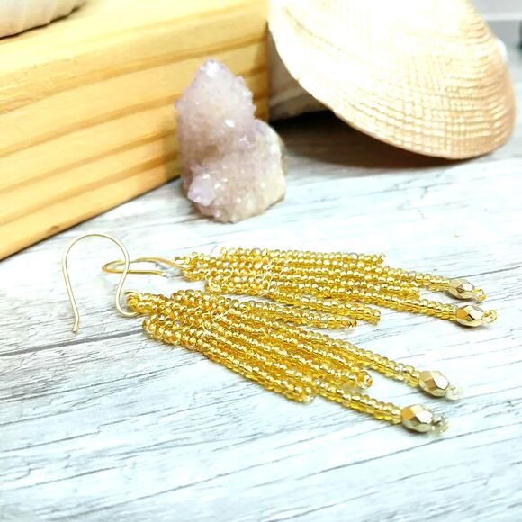 Gold Beaded Dangle Fringe Earrings, Seed Bead Jewelry, Boho Chic, 3" - Picture 2 of 6